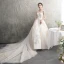 Elegant Champagne See-through Wedding Dresses 2019 A-Line / Princess Scoop Neck 1/2 Sleeves Appliques Lace Beading Cathedral Train Ruffle