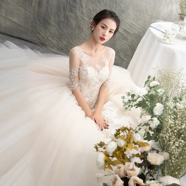 Elegant Champagne See-through Wedding Dresses 2019 A-Line / Princess Scoop Neck 1/2 Sleeves Appliques Lace Beading Cathedral Train Ruffle