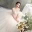 Elegant Champagne See-through Wedding Dresses 2019 A-Line / Princess Scoop Neck 1/2 Sleeves Appliques Lace Beading Cathedral Train Ruffle