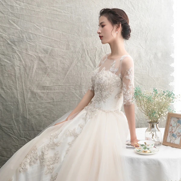 Elegant Champagne See-through Wedding Dresses 2019 A-Line / Princess Scoop Neck 1/2 Sleeves Appliques Lace Beading Cathedral Train Ruffle