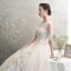 Elegant Champagne See-through Wedding Dresses 2019 A-Line / Princess Scoop Neck 1/2 Sleeves Appliques Lace Beading Cathedral Train Ruffle