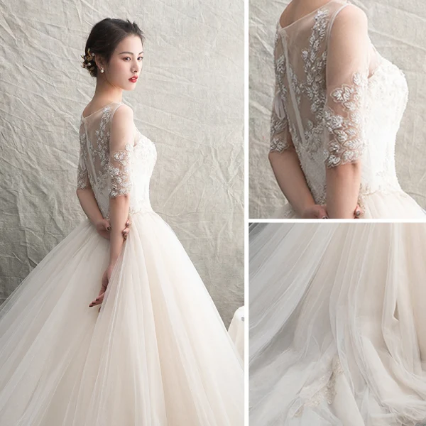 Elegant Champagne See-through Wedding Dresses 2019 A-Line / Princess Scoop Neck 1/2 Sleeves Appliques Lace Beading Cathedral Train Ruffle