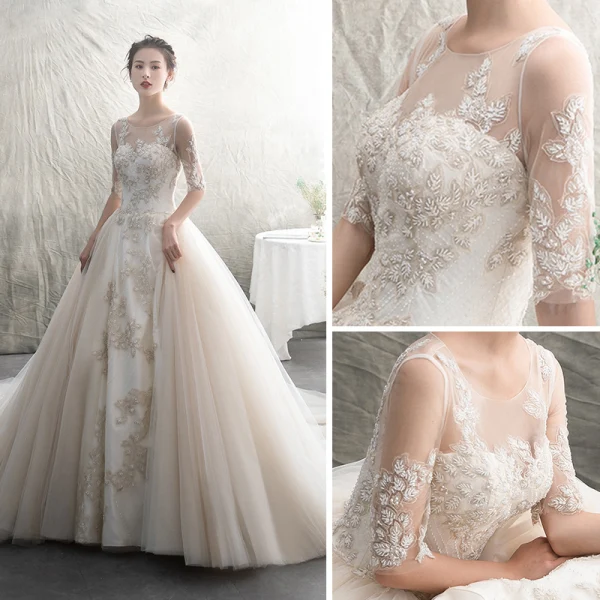 Elegant Champagne See-through Wedding Dresses 2019 A-Line / Princess Scoop Neck 1/2 Sleeves Appliques Lace Beading Cathedral Train Ruffle