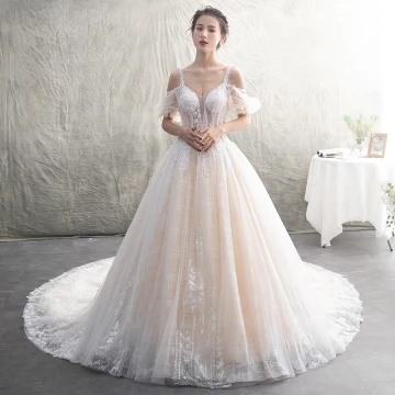 Illusion Champagne Genomskinliga Bröllopsklänningar 2019 Prinsessa Spaghettiband Korta Ärm Halterneck Appliqués Spets Beading Cathedral Train Ruffle