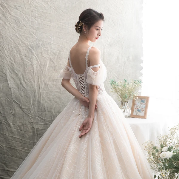 Illusion Champagner Durchsichtige Brautkleider / Hochzeitskleider 2019 A Linie Spaghettiträger Kurze Ärmel Rückenfreies Applikationen Spitze Perlenstickerei Kathedrale Schleppe Rüschen