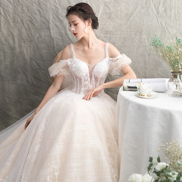 Illusion Champagner Durchsichtige Brautkleider / Hochzeitskleider 2019 A Linie Spaghettiträger Kurze Ärmel Rückenfreies Applikationen Spitze Perlenstickerei Kathedrale Schleppe Rüschen