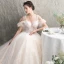 Illusion Champagner Durchsichtige Brautkleider / Hochzeitskleider 2019 A Linie Spaghettiträger Kurze Ärmel Rückenfreies Applikationen Spitze Perlenstickerei Kathedrale Schleppe Rüschen