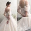 Illusion Champagner Durchsichtige Brautkleider / Hochzeitskleider 2019 A Linie Spaghettiträger Kurze Ärmel Rückenfreies Applikationen Spitze Perlenstickerei Kathedrale Schleppe Rüschen