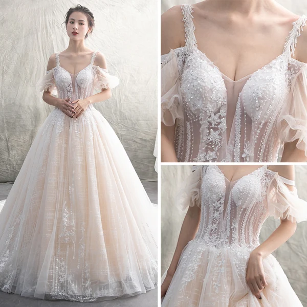 Illusion Champagner Durchsichtige Brautkleider / Hochzeitskleider 2019 A Linie Spaghettiträger Kurze Ärmel Rückenfreies Applikationen Spitze Perlenstickerei Kathedrale Schleppe Rüschen