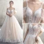 Illusion Champagner Durchsichtige Brautkleider / Hochzeitskleider 2019 A Linie Spaghettiträger Kurze Ärmel Rückenfreies Applikationen Spitze Perlenstickerei Kathedrale Schleppe Rüschen