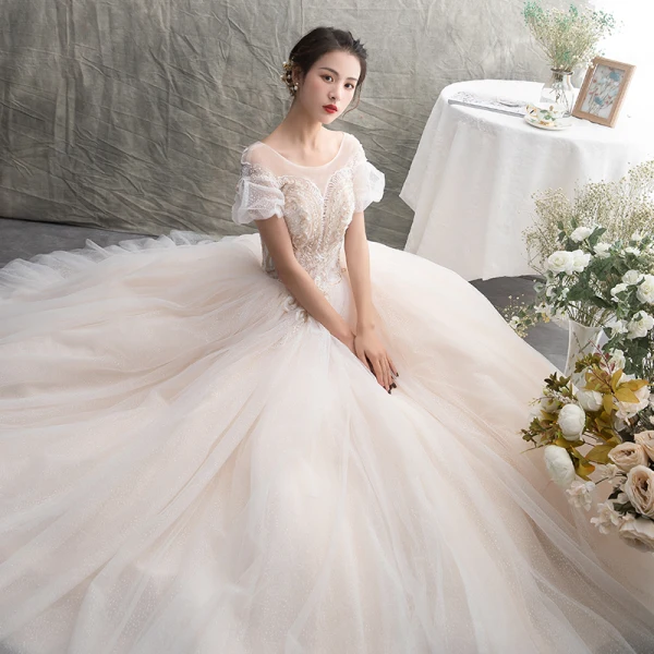 Chic Champagne Transparentes Robe De Mariée 2019 Princesse Encolure Dégagée Gonflée Manches Courtes Dos Nu Appliques En Dentelle Perlage Tachetée Tulle Longue Volants
