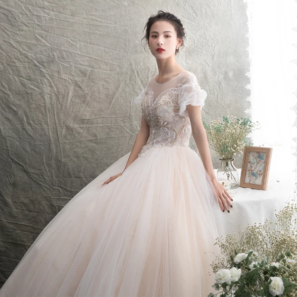 Chic Champagne Transparentes Robe De Mariée 2019 Princesse Encolure Dégagée Gonflée Manches Courtes Dos Nu Appliques En Dentelle Perlage Tachetée Tulle Longue Volants