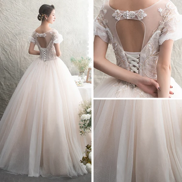 Chic Champagne Transparentes Robe De Mariée 2019 Princesse Encolure Dégagée Gonflée Manches Courtes Dos Nu Appliques En Dentelle Perlage Tachetée Tulle Longue Volants