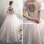 Chic Champagne Transparentes Robe De Mariée 2019 Princesse Encolure Dégagée Gonflée Manches Courtes Dos Nu Appliques En Dentelle Perlage Tachetée Tulle Longue Volants