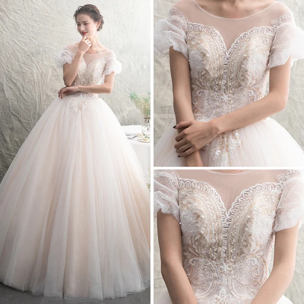 Chic Champagne Transparentes Robe De Mariée 2019 Princesse Encolure Dégagée Gonflée Manches Courtes Dos Nu Appliques En Dentelle Perlage Tachetée Tulle Longue Volants