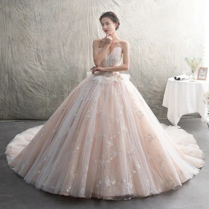 Luksus Champagne Brudekjoler 2019 Ballkjole Kjæreste Uten Ermer Ryggløse Appliques Blonder Beading Glitter Tyll Cathedral Train Buste