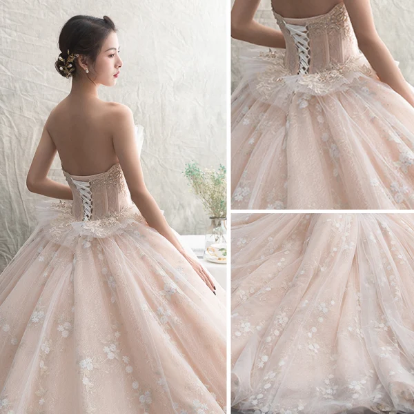 Luksus Champagne Brudekjoler 2019 Ballkjole Kjæreste Uten Ermer Ryggløse Appliques Blonder Beading Glitter Tyll Cathedral Train Buste