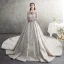 Luxus / Herrlich Ivory / Creme Durchsichtige Brautkleider / Hochzeitskleider 2019 A Linie Rundhalsausschnitt Lange Ärmel Rückenfreies Handgefertigt Perlenstickerei Perle Pailletten Kathedrale Schleppe Rüschen