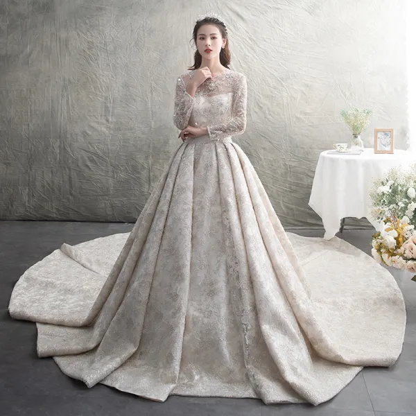 Luxury / Gorgeous Ivory See-through Wedding Dresses 2019 A-Line / Princess Scoop Neck Long Sleeve Backless Handmade  Beading Pearl Sequins Cathedral Train Ruffle