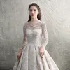 Luxury / Gorgeous Ivory See-through Wedding Dresses 2019 A-Line / Princess Scoop Neck Long Sleeve Backless Handmade  Beading Pearl Sequins Cathedral Train Ruffle
