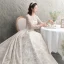 Luxus / Herrlich Ivory / Creme Durchsichtige Brautkleider / Hochzeitskleider 2019 A Linie Rundhalsausschnitt Lange Ärmel Rückenfreies Handgefertigt Perlenstickerei Perle Pailletten Kathedrale Schleppe Rüschen