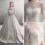 Luxus / Herrlich Ivory / Creme Durchsichtige Brautkleider / Hochzeitskleider 2019 A Linie Rundhalsausschnitt Lange Ärmel Rückenfreies Handgefertigt Perlenstickerei Perle Pailletten Kathedrale Schleppe Rüschen