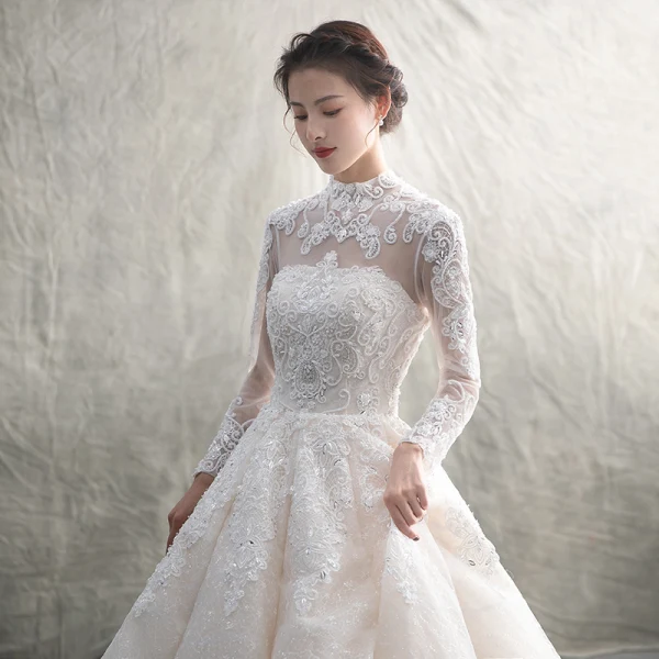 Luxury / Gorgeous Champagne See-through Wedding Dresses 2019 A-Line / Princess High Neck Long Sleeve Backless Appliques Lace Beading Glitter Tulle Cathedral Train Ruffle