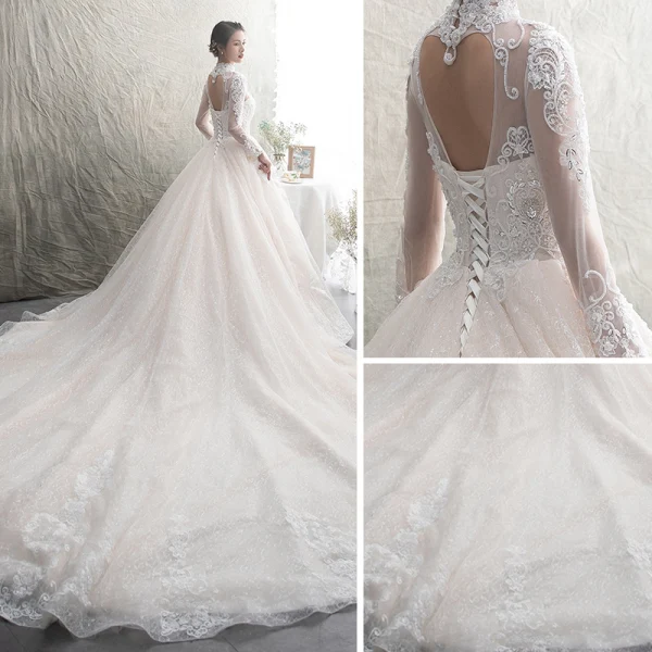 Luxury / Gorgeous Champagne See-through Wedding Dresses 2019 A-Line / Princess High Neck Long Sleeve Backless Appliques Lace Beading Glitter Tulle Cathedral Train Ruffle