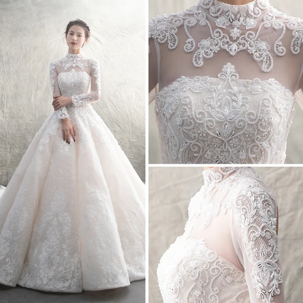 Luxury / Gorgeous Champagne See-through Wedding Dresses 2019 A-Line / Princess High Neck Long Sleeve Backless Appliques Lace Beading Glitter Tulle Cathedral Train Ruffle