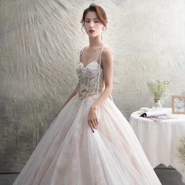 Chic Beautiful Champagne Wedding Dresses 2019 A Line Princess Spaghetti Straps Sleeveless Backless Appliques Lace Pearl Beading Chapel Train Ruffle
