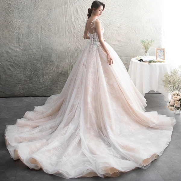 Schöne Champagner Brautkleider / Hochzeitskleider 2019 A Linie Spaghettiträger Ärmellos Rückenfreies Applikationen Spitze Perle Perlenstickerei Kapelle-Schleppe Rüschen