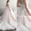 Schöne Champagner Brautkleider / Hochzeitskleider 2019 A Linie Spaghettiträger Ärmellos Rückenfreies Applikationen Spitze Perle Perlenstickerei Kapelle-Schleppe Rüschen