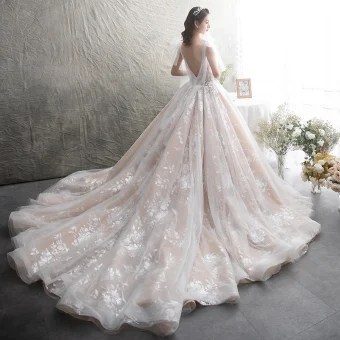 Chic Belle Champagne Transparentes Robe De Mariée 2019 Princesse Encolure Dégagée Sans Manches Dos Nu Glitter Appliques En Dentelle Chapel Train Volants