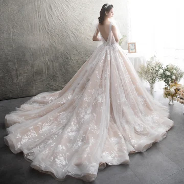 Chic Beautiful Champagne See Through Wedding Dresses 2019 A Line Princess Scoop Neck Sleeveless Backless Glitter Appliques Lace Chapel Train Ruffle