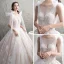 Schöne Champagner Durchsichtige Brautkleider / Hochzeitskleider 2019 A Linie Rundhalsausschnitt Ärmellos Rückenfreies Glanz Applikationen Spitze Kapelle-Schleppe Rüschen