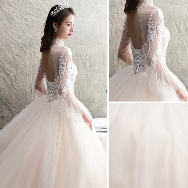 Illusion Champagner Durchsichtige Brautkleider / Hochzeitskleider 2019 A Linie Stehkragen Lange Ärmel Rückenfreies Applikationen Spitze Perlenstickerei Lange Rüschen