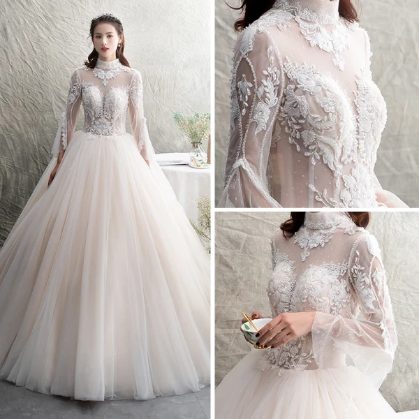 Illusion Champagner Durchsichtige Brautkleider / Hochzeitskleider 2019 A Linie Stehkragen Lange Ärmel Rückenfreies Applikationen Spitze Perlenstickerei Lange Rüschen