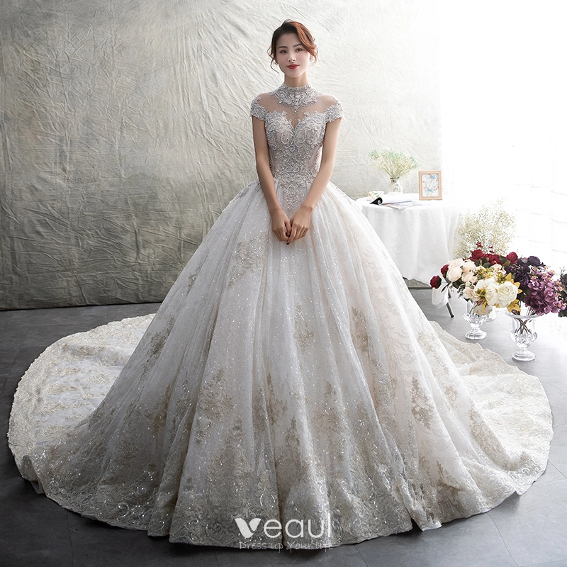 Luxury / Gorgeous Ivory See-through Wedding Dresses 2019 Ball Gown High  Neck Short Sleeve Backless Appliques Lace Rhinestone Beading Glitter Tulle  Cathedral Train Ruffle