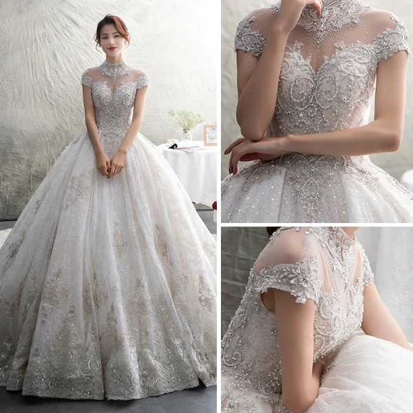 Luxus / Herrlich Ivory / Creme Durchsichtige Brautkleider / Hochzeitskleider 2019 Ballkleid Stehkragen Kurze Ärmel Rückenfreies Applikationen Spitze Strass Perlenstickerei Glanz Tülle Kathedrale Schleppe Rüschen
