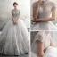 Luxus / Herrlich Ivory / Creme Durchsichtige Brautkleider / Hochzeitskleider 2019 Ballkleid Stehkragen Kurze Ärmel Rückenfreies Applikationen Spitze Strass Perlenstickerei Glanz Tülle Kathedrale Schleppe Rüschen