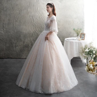 Illusion Champagne Transparentes Robe De Mariée 2019 Princesse Encolure Dégagée 3 4 Manches Dos Nu Appliques En Dentelle Perlage Glitter Tulle Longue Volants