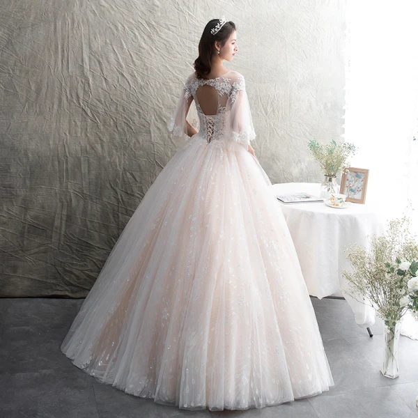 Illusion Champagne See-through Wedding Dresses 2019 A-Line / Princess Scoop Neck 3/4 Sleeve Backless Appliques Lace Beading Glitter Tulle Floor-Length / Long Ruffle