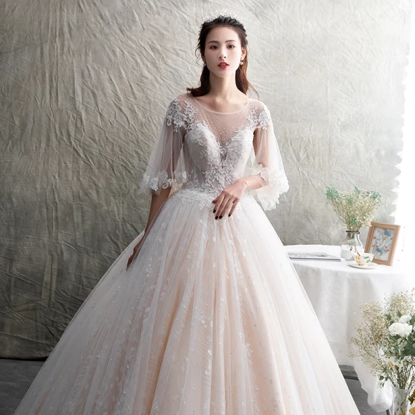 Illusion Champagne See-through Wedding Dresses 2019 A-Line / Princess Scoop Neck 3/4 Sleeve Backless Appliques Lace Beading Glitter Tulle Floor-Length / Long Ruffle