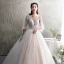 Illusion Champagne See-through Wedding Dresses 2019 A-Line / Princess Scoop Neck 3/4 Sleeve Backless Appliques Lace Beading Glitter Tulle Floor-Length / Long Ruffle