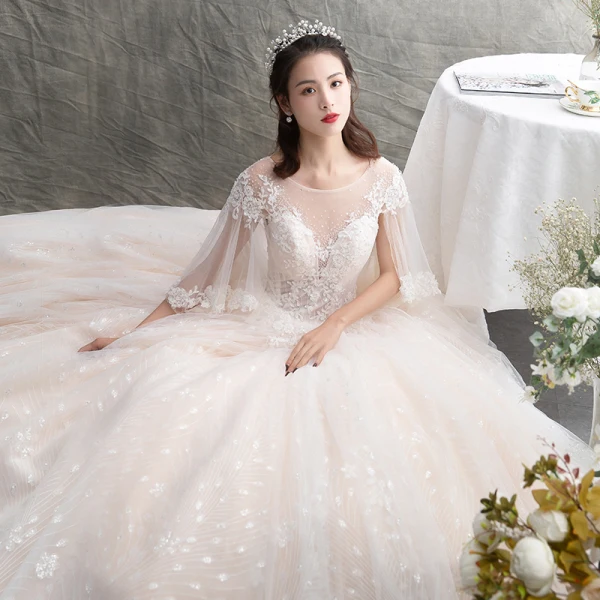 Illusion Champagne See-through Wedding Dresses 2019 A-Line / Princess Scoop Neck 3/4 Sleeve Backless Appliques Lace Beading Glitter Tulle Floor-Length / Long Ruffle