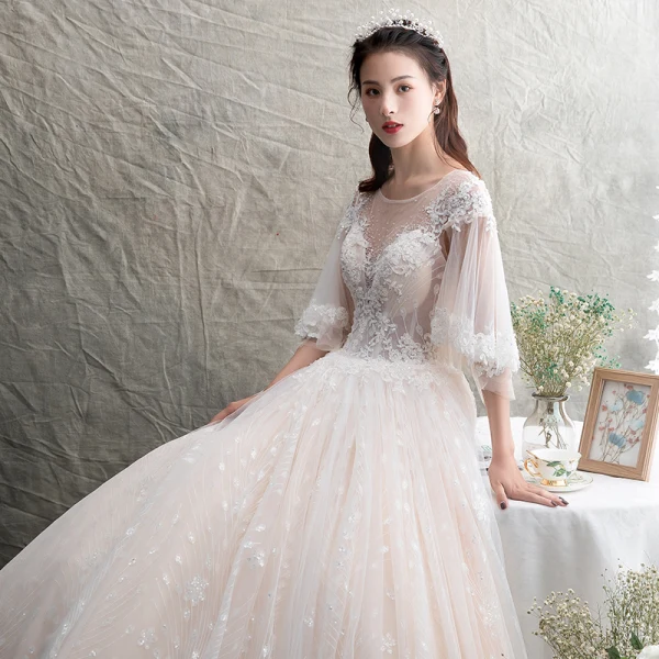 Illusion Champagne See-through Wedding Dresses 2019 A-Line / Princess Scoop Neck 3/4 Sleeve Backless Appliques Lace Beading Glitter Tulle Floor-Length / Long Ruffle