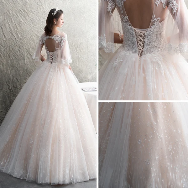 Illusion Champagne See-through Wedding Dresses 2019 A-Line / Princess Scoop Neck 3/4 Sleeve Backless Appliques Lace Beading Glitter Tulle Floor-Length / Long Ruffle