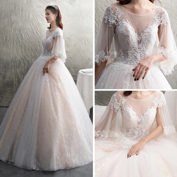 Illusion Champagne See-through Wedding Dresses 2019 A-Line / Princess Scoop Neck 3/4 Sleeve Backless Appliques Lace Beading Glitter Tulle Floor-Length / Long Ruffle