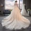 Élégant Champagne Transparentes Robe De Mariée 2019 Princesse Encolure Dégagée Mancherons Dos Nu Appliques En Dentelle Perlage Cathedral Train Volants