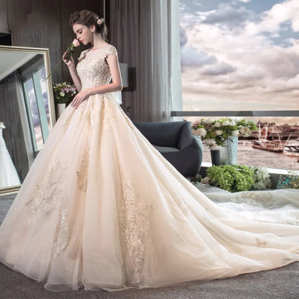 Élégant Champagne Transparentes Robe De Mariée 2019 Princesse Encolure Dégagée Mancherons Dos Nu Appliques En Dentelle Perlage Cathedral Train Volants
